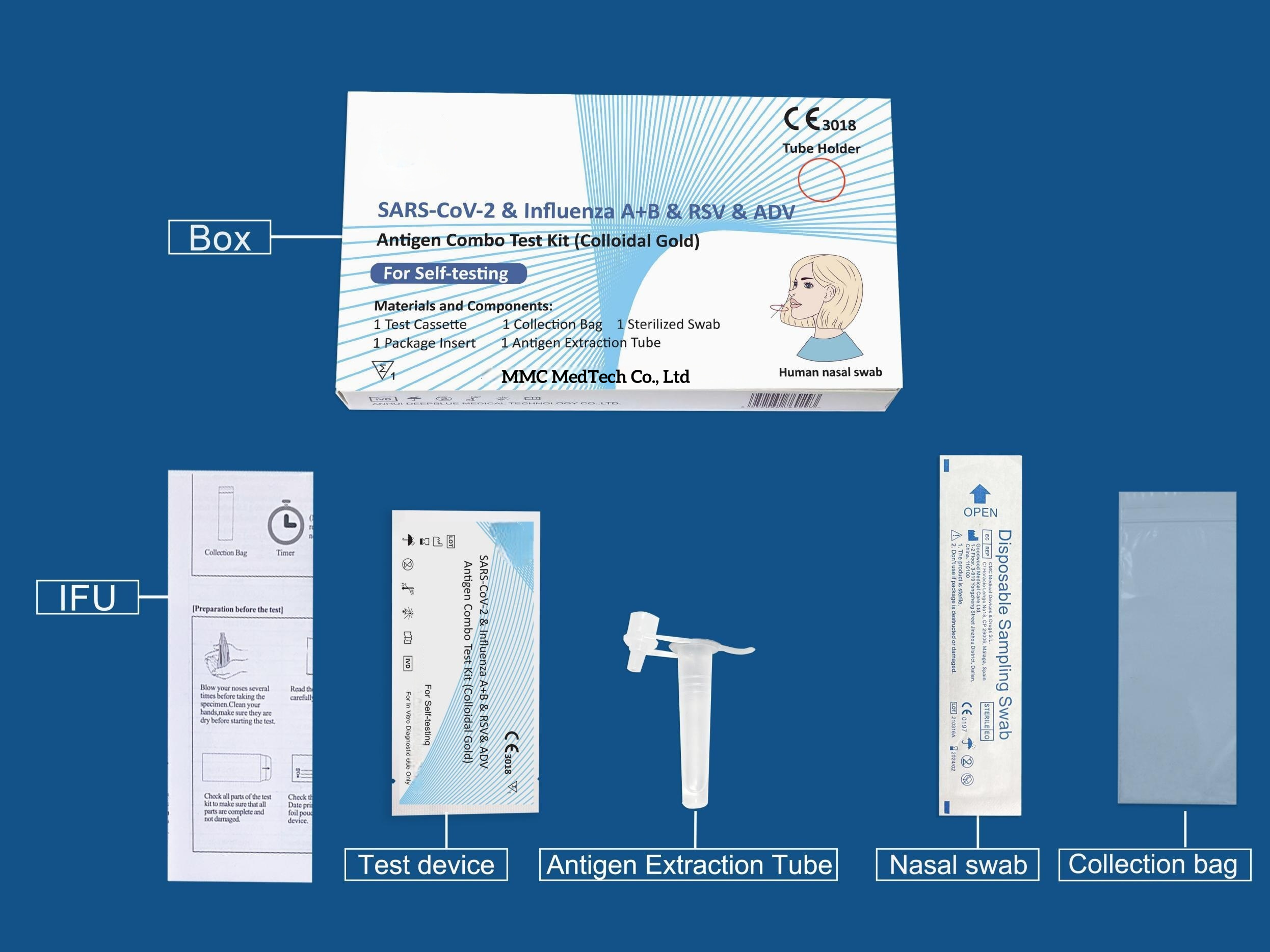CE3018 Self-test SARS-CoV-2 & Influenza A+B & RSV & ADV Antigen 5 in 1 Self-testing Combo Test Kit 